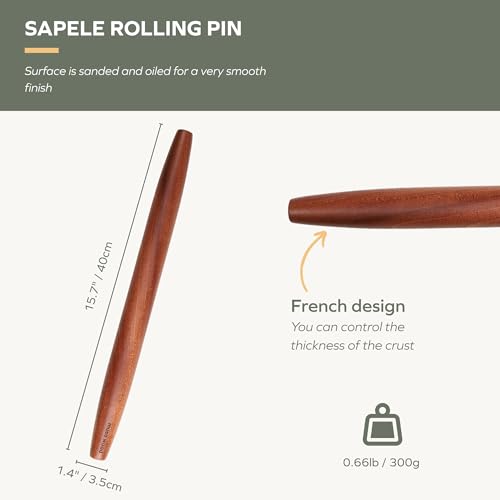 muso wood Sapele French Rolling Pin for Baking - size: 15.75in French Rolling Pin