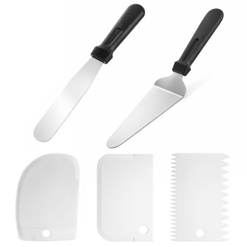 2 Pcs Offset Spatula for Cake Decorating and 3 Pcs Icing Smoother, 10” Stainless Steel Frosting Straight Angled Spatulas Cake Frosting Spatula for Cakes Decorating, Baking Beginners and Pros, White