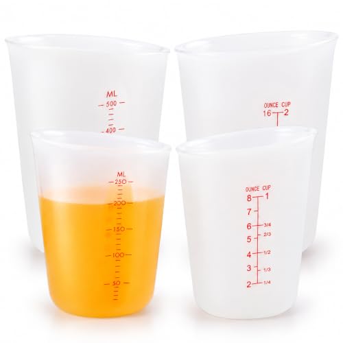 Hedume Set of 4 Silicone Flexible Measuring Cups with Marking, 2 Pack 8 Ounces(1-cup) and 2 Pack 16 Ounces(2-cup) Squeeze and Pour Silicone Measuring Cup Set