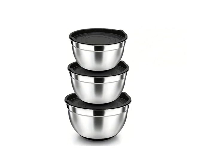 TEEM Stainless Steel 304 Mixing Bowls with Lids, Set of 3 Large Medium Small 1.5L 2L 3L (1.6QT 2.1QT 3.2QT) Food-Grade Metal Nesting Salad Bowls - Rust-Resistant, Dishwasher Freezer Safe