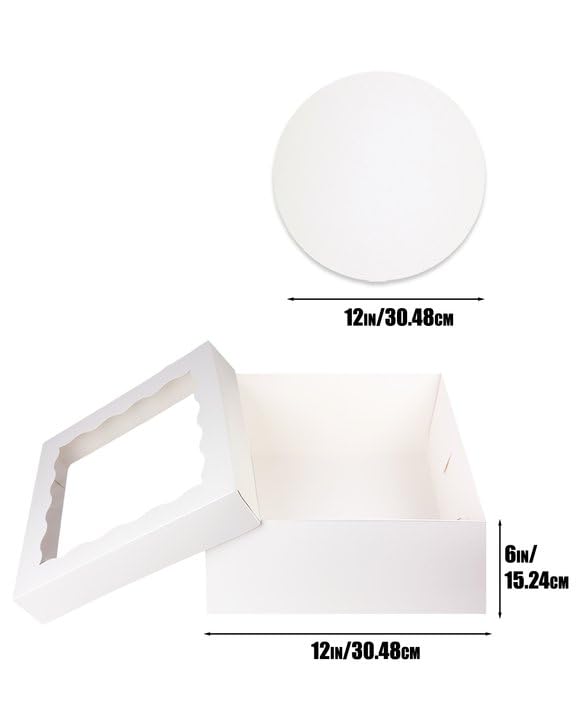 White 12"x12"x6" Cake Box 4Pcs, 12" White Cake Round Boards 4Pcs, for Cake, Treat Cookie Dessert, Birthday Party