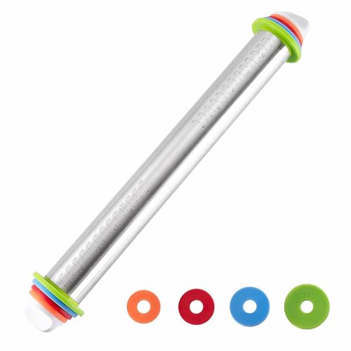 17" Stainless Steel Adjustable Rolling Pin with 4 Sets Thickness Rings, Dough Roller Pin for Pizzas, Pies, Biscuits, Dumplings, Pasta - Easy to Clean