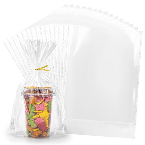 100Pcs Clear Cellophane Bags, Flat Bottom, with Twist Ties - size: 9.8x14 Inch (Pack of 100)