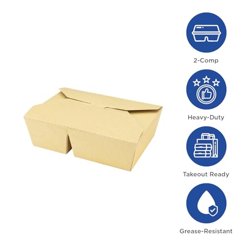 Karat Paper To Go Food Container [76 oz - 200 ct], 2-Compartment Leak-Resistant, Microwavable, Heavy-Duty Take Out Boxes | Grease Resistant & Stackable | #3 Kraft - color: Kraft, size: 76 - 2C