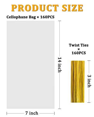 Labeol 160pcs Clear Cellophane Bags 7X14 Treat Bags with Ties Goodie Bag Clear Gift Bag for Packaging Popcorn Party Favor Cookie Candy Bakery Plastic Gift Wrap - size: 7X14
