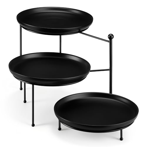 MALACASA Round 3 Tier Serving Tray,10.25 Inch Black Porcelain Dessert Stand - color: Black