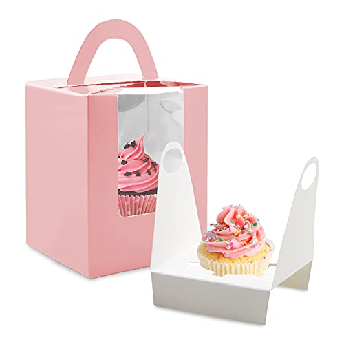 Cupcake Boxes, 30 Pcs Single Cupcake Boxes Individual Cupcake Containers Muffins Cupcake Carriers Holder Kraft Pastry Containers with Insert Window & Handle for Wedding Birthday Parties (Pink) - color: Pink