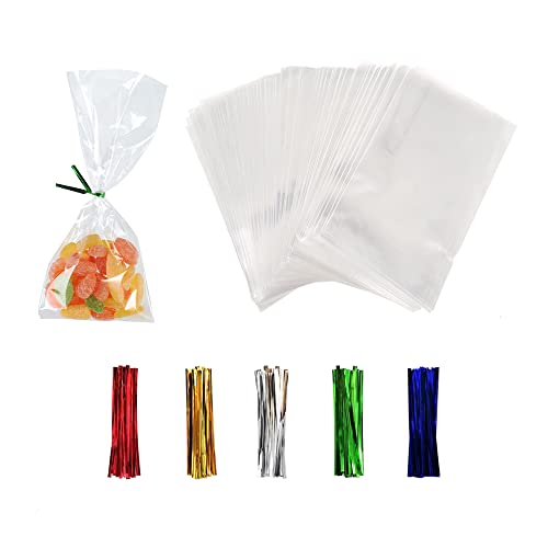 XLSFPY 100PCS Clear Cellophane Treat Bags with 100PCS Twist Ties, 3x4 OPP Rice Crispy Bags for Gift Goodie Favor Candy Cake Pop Birthday Party Cookies Christmas New Year Wedding Party (3'' x 4'') - size: 3x4 inch