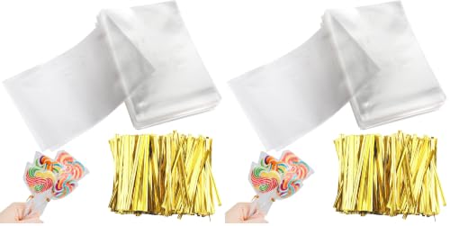 Augshy Cake Pop Bags,300 Pcs 4x6" Treat Cello Bags for lollipop with 300 Twist Ties, 1.4 mils Thickness OPP Plastic Bag for Lollipop Candy Chocolate Cookie Wrapping (Pack of 2) - size: 4x6 Inches (Pack of 2)