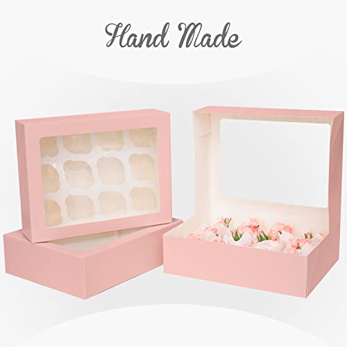 qiqee Auto-pop Up Cupcake Boxes with Window Pink 40PCS 12 Count Cupcake Box 13"x10"x3.5" Cupcakes Carrier, 12 Cupcake Containers with 2 rolls of pink ribbons - color: Pink, size: 12 Holder/40 Packs