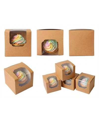 qiqee Brown Auto-pop up Cupcake Boxes Individual Cupcake 3.5x 3.5x 3.5inch 200pcs Single Cupcake Boxes - color: Brown, size: 200Pcs, 35Mini