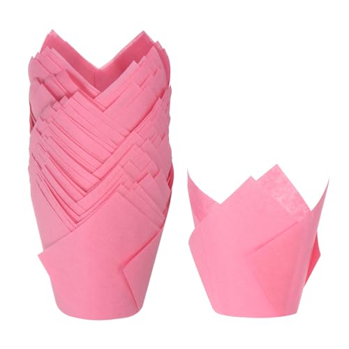 HARFINGTON 50Pcs Tulip Cupcake Liners Standard Paper Baking Cups Rose Red - color: Rose Red