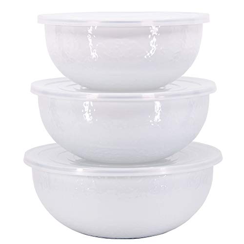 Golden Rabbit Enamelware Nested Mixing Bowls with Lids, Set of 3, Solid White Textured - color: Solid White Textured