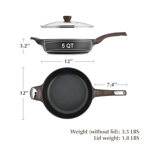 SENSARTE Nonstick Frying Pan Skillet with Lid, 12 Inch Large Deep Frying Pan, 5 Qt Non Stick Saute Pan with Cover, Induction Pan, Healthy Non Toxic Cooking Pan with Helper Handle, PFOA PFOS Free - color: Classic Black, size: 5QT / 12IN