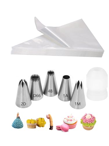 1M 2D 1A 4B D66 Piping Tips Set with 20 Bags & Large Coupler for Decorating