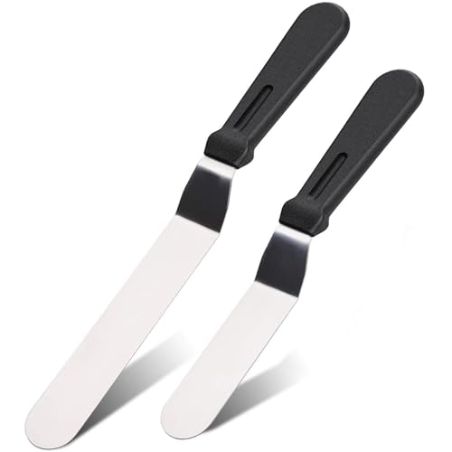 Bestac Stainless Steel Cake Spatula Set - 6&8 Inch Flanged Edge Angled Offset Non-Slip Handle 2-Piece Ideal for Cake Frosting/Decorating Home Baking & Bakery (Black)