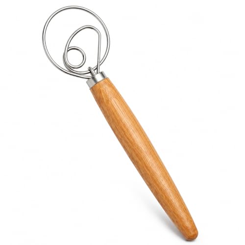 Sourdough Whisk, 13 Inch Danish Dough Whisk with Wooden Handle - Stainless Steel Dough Whisk for Bread, Pizza Dough, Pastry, Batters & Sourdough Starter