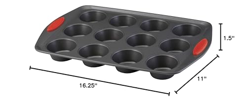 Rachael Ray Yum-o! Nonstick Bakeware 12-Cup Muffin & Cupcake Tin With Grips - Gray with Red Grips - color: Red Grips, size: 12 Cup