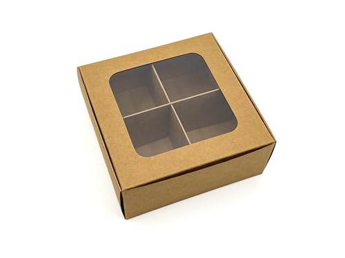 20-Ct Kraft Treat Boxes, 4.5x4.5x1.9in, Window & Dividers - color: Kraft, size: 4.5 x 4.5 x 1.9 in (4 compartments)