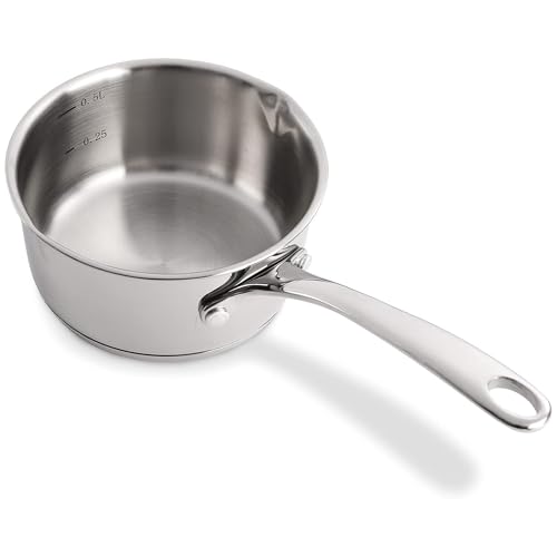 DEAYOU 18/10 Stainless Steel Butter Warmer Measuring Pan, 0.5-Quart Milk Warmer Pot with Dual Pour Spouts, 17OZ Small Sauce Pan for Stove Top, Chocolate Melting, Coffee Tea Soup Warming