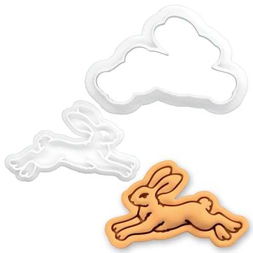 BAKERLOGY Leaping Hare Mini Cookie Cutter and Stamp Set – Woodland Fondant Embosser, Cupcake Topper for Easter, Spring, Cottagecore, Nature Baking Decoration Tool