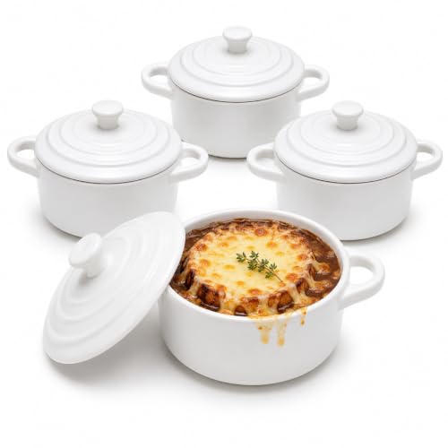 Mini Dutch Oven Set of 4, 14 oz Ceramic Mini Dutch Ovens with Lids and Handles, Ramekins with Lids for French Onion Soup, Pot Pies, Soufflés and Baked Desserts, Oven Microwave Dishwasher Safe, Mini Cocotte, White - color: White