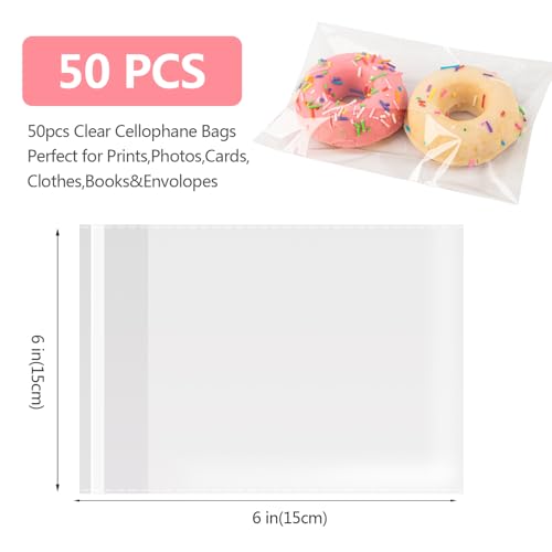 Docvania Clear Resealable Cellophane Bags 6 X 6 Inch Self Sealing Cellophane Bags, 50Pcs Cookie Bag with Seal Packaging Treat Bag for Wrapping Bread, Soaps, Candies and Party Favors - size: 6x6 Inch (Pack of 50)