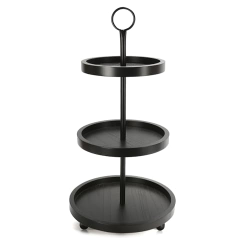 SYNCVIBE Wooden Farmhouse Round Black 3 Tiered Decorative Tray Stand - color: black