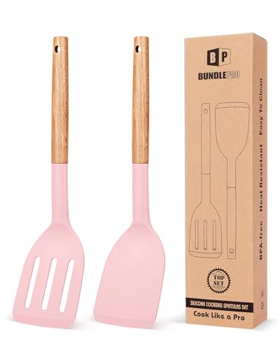 BUNDLEPRO Silicone Spatula, Solid & Slotted Turner, BPA-Free, 2 Pack, Pink - color: Pink