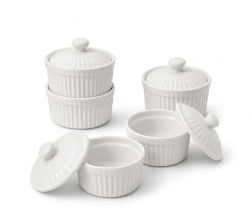 Ceramic Ramekins with Lids, 5.5 Oz Kitchen Containers, 5 Pack - color: White