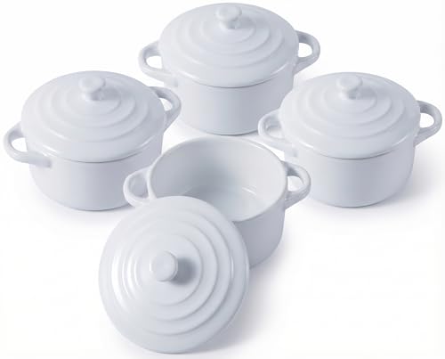 4 Pcs Mini Cocotte Set, 16 oz Individual Baking Ramekins, White