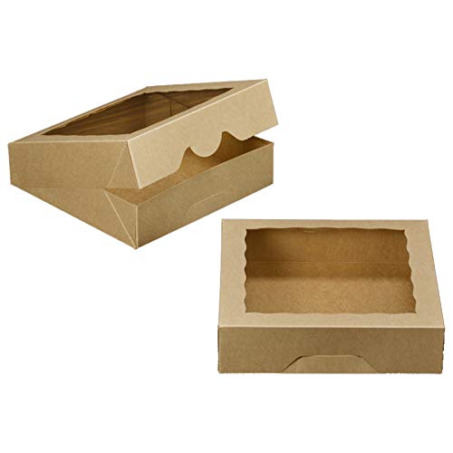 ONE MORE [15pcs] 10inch Kraft Bakery Boxes, Large Pie Boxes with PVC Window Natural Disposable Box for Cookie 10x10x2.5inch,Pack of 15