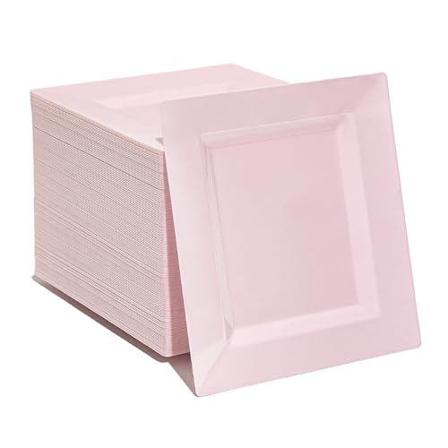 100 Pack Pink Plastic Square Dessert Plates, 6.5" Disposable Salad Plates - color: Pink