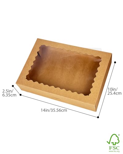 qiqee Auto-pop Up 14x10x2.5 Inch Brown Cookie Box with Window 15Pcs Pastry Macaron Bakery Box For Packaging - size: 14 x 10 x 2.5 / 15 Pcs