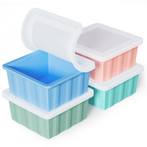 Silicone Freezer Tray for Soup Ice Cubes: 2-Cup Freezing Trays with Lid for Meal Prep - 4Pack Silicon Soup Portion Freeze Tray Make Stock Souped Ice Cube - color: Green+Blue+Aqua+Pink