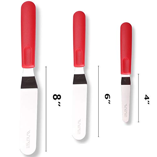 Cake Icing Spatula Set, 3-Piece 4 6 8 Inch Angled Frosting Spatulas with Red Non-Slip Handles, Stainless Steel Icing Spreaders and Palette Knives for Baking and Cake Decorating - size: Red icing spatula 6, 8, 10 inch