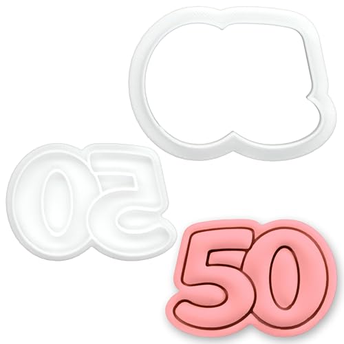 BAKERLOGY Number 50 Mini Cookie Cutter & Stamp Set – Double Digit Milestone Baking Tool for 50th Birthday, Anniversary & Special Celebrations Cupcake Topper & Fondant Cake Decoration