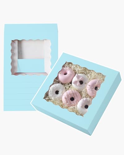 qiqee Auto-pop Up Light Blue Pie Boxes with Window 10x10x2.5 inch 30Packs Cookie Donut Bakery Box - color: Light Blue, size: 10"x10"x2.5"/30 Pcs