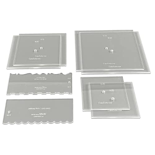 CAKESAFE Square Essential Cake Decorating Acrylic Disk Kit - 3 Sets - Square 6.25", 8.25", 10.25" Disk Sets (2 disks per size), 2-8" Icing Scrapers with 1 Scraper Edge and 3 Cake Comb Patterns - size: 2-6.25, 8.25, 10.25" Square Disks
