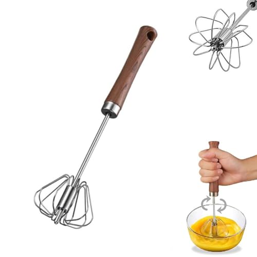 Stainless Steel Semi-Automatic Whisk Hand Push Rotary Whisk Blender with Wood Handle Egg Beater Hand Push Mixer Stirrer Egg Scrambler for Blending, Whisking, Frothing, Beating & Stirring (14in)