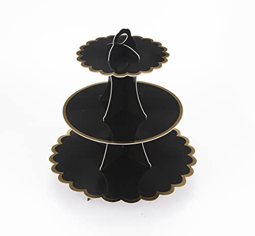 YLDW Cupcake Stand with Lace Trim, 3-Tier Cupcake Stand Display, Cardboard Cup Cake Tower Stand, Disposable Dessert Stand for Birthday Tea Party Baby Shower Treat Decorations, Black - color: Black-2