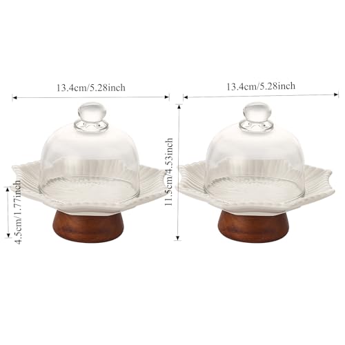2 Pack 5.2 in Mini Ceramic Cake Stands with Glass Dome Covers, White Pedestal Dessert Display Plates with Acacia Wood Feet for Macarons, Cupcakes, Candy, Cheese and Tea Parties - color: Two 5.2-inch mini ceramic dessert cups