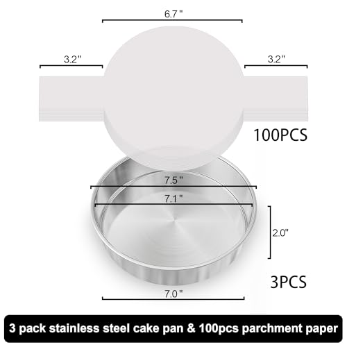 7 Inch Round Cake Pans, 3PCS Stainless Steel Cake Pan &100 Parchment Paper - size: 7 inch set of 3