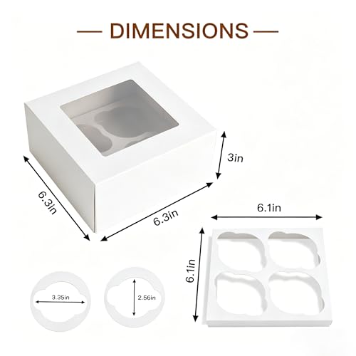 Jotique 4 count White Cupcake Boxes with Window, 6 Sets 6x6x3 Inch - color: white