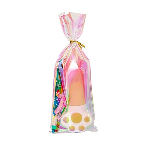 50 Pack Clear Iridescent Cellophane Treat Bags with Twist Ties - size: 10x15.9 inch