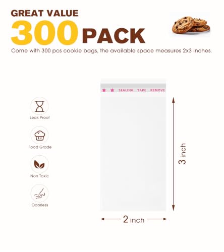 300 Pcs Clear Self Sealing Cellophane Bags, 2x3 Inches Cookie Bags Resealable Cellophane Bag for Packaging Cookies, Candy, Gifts and Favors, 3 Mils Individual Self Adhesive Wrappers (Mini Size) - size: 2x3 Inch (Pack of 300)