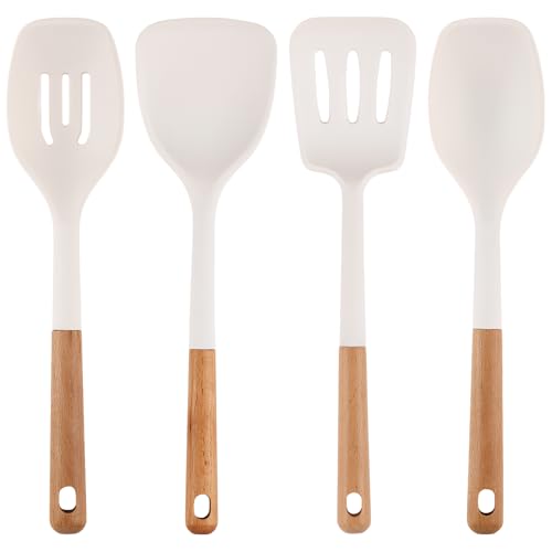 Silicone Kitchen Utensils Set of 4, Large Non-Stick Cooking Utensil Set w Wooden Handle Food Grade Heat Resistance Turner Spoon Silicone Cooking Kitchen Gadgets BPA Free for Nonstick Cookware - color: White, size: Large 4-Piece Set