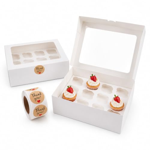 12PCS Cupcake Boxes with Window & Insert 500PCS Thank You Sticker