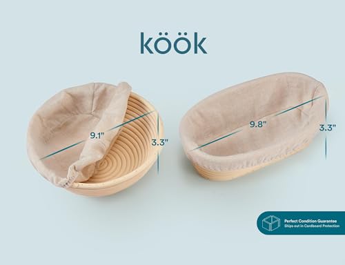 Kook Banneton Bread Proofing Set, Artisan Sourdough Bread Making Kit with Round & Oval Rattan Baskets, Liners, Dough Scrapers, Scoring Lame + Blades, Brush & Dough Cover (Set of 2) - color: Oval & Round Deluxe Set