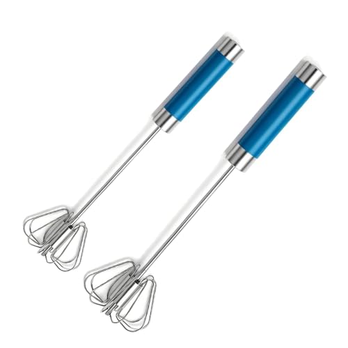 Stainless Steel Semi-Automatic Egg Whisk Set, 2PCS Hand Push Rotary Manual Mixer for Cooking, Whisking, Beating and Stirring (10&12 Inch) - color: Blue